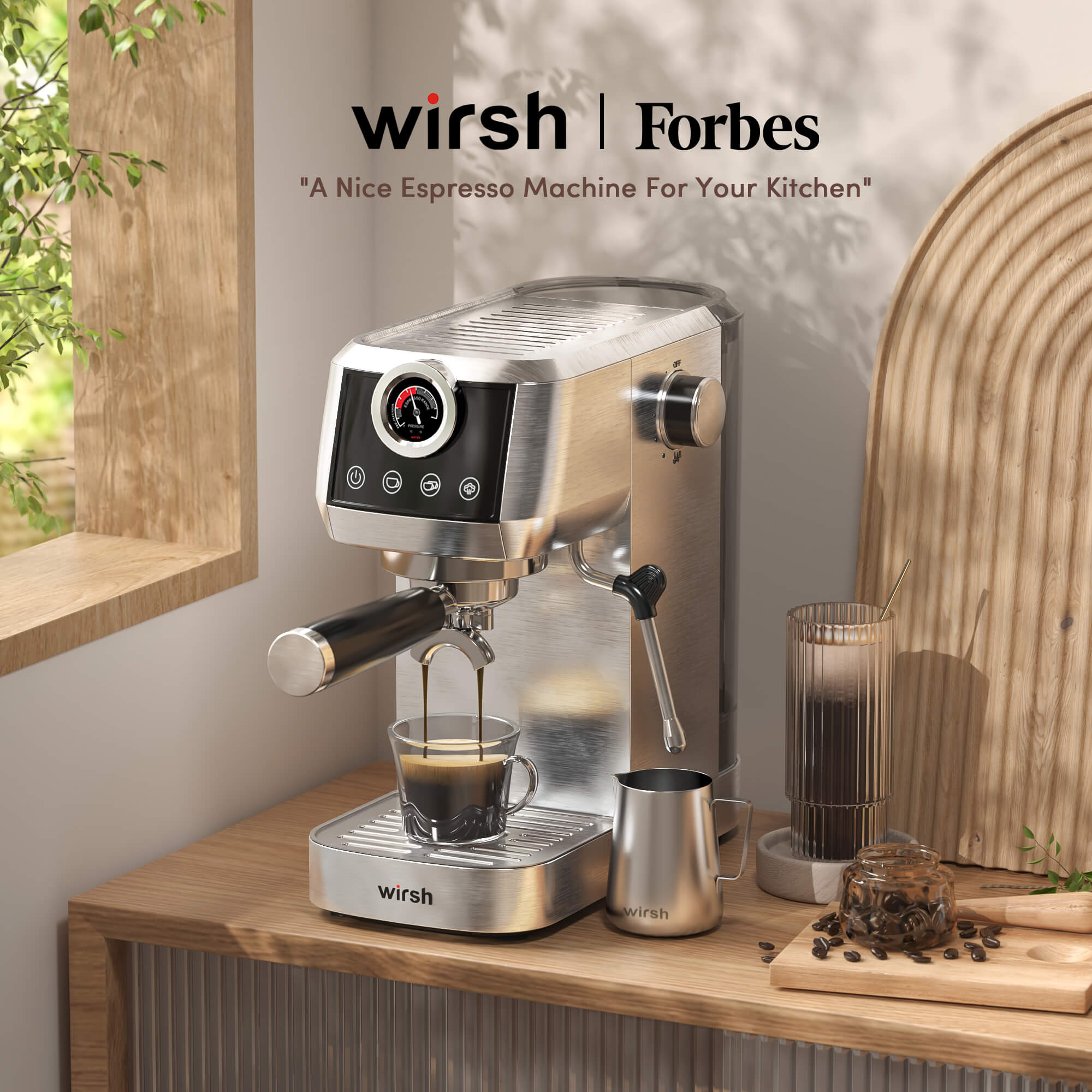 Wirsh 20 Bar Espresso Machine with Plastic Free Portafitler and Steamer, Pressure Gauge, Touch Screen, Full Stainless Steel (Home Barista Plus)