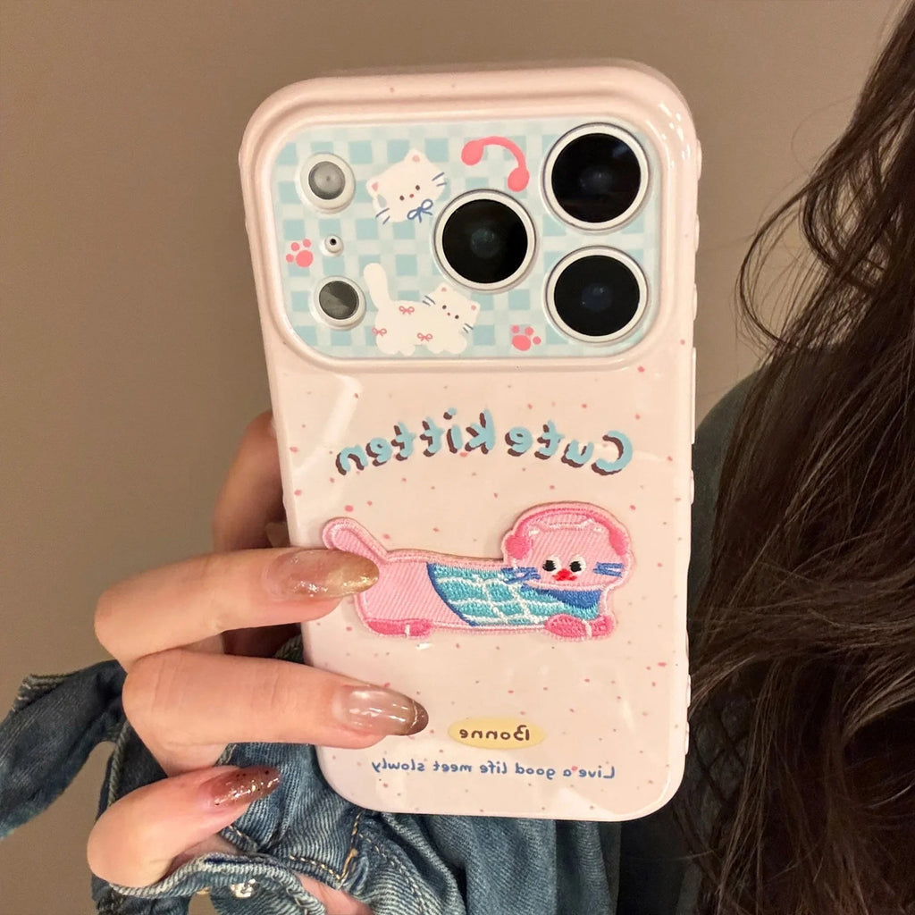 Korean Pink Splashed Ink 3D Cute Cartoon Embroidery Kitten Soft Phone Case For iPhone