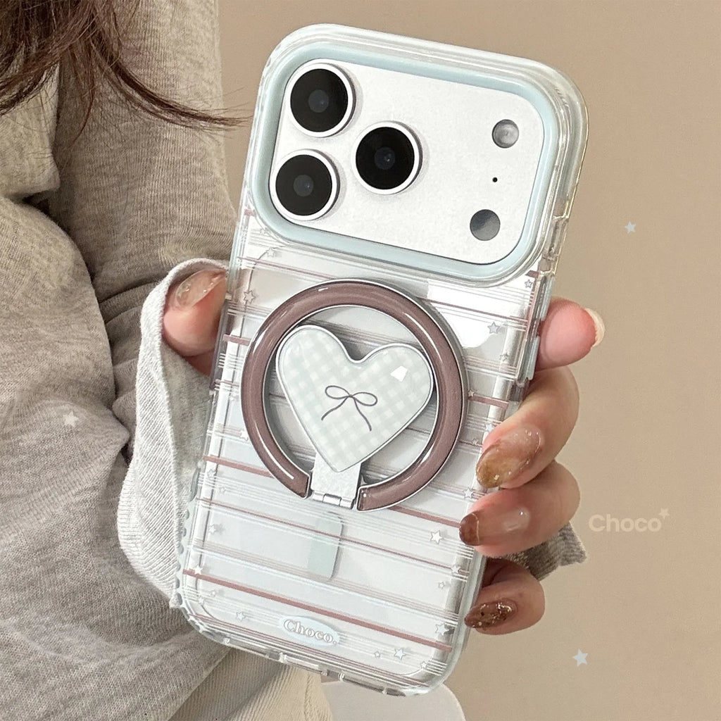 Korean Striped Stars Fold Love Heart Bow Bracket Magnetic Phone Case For iPhone